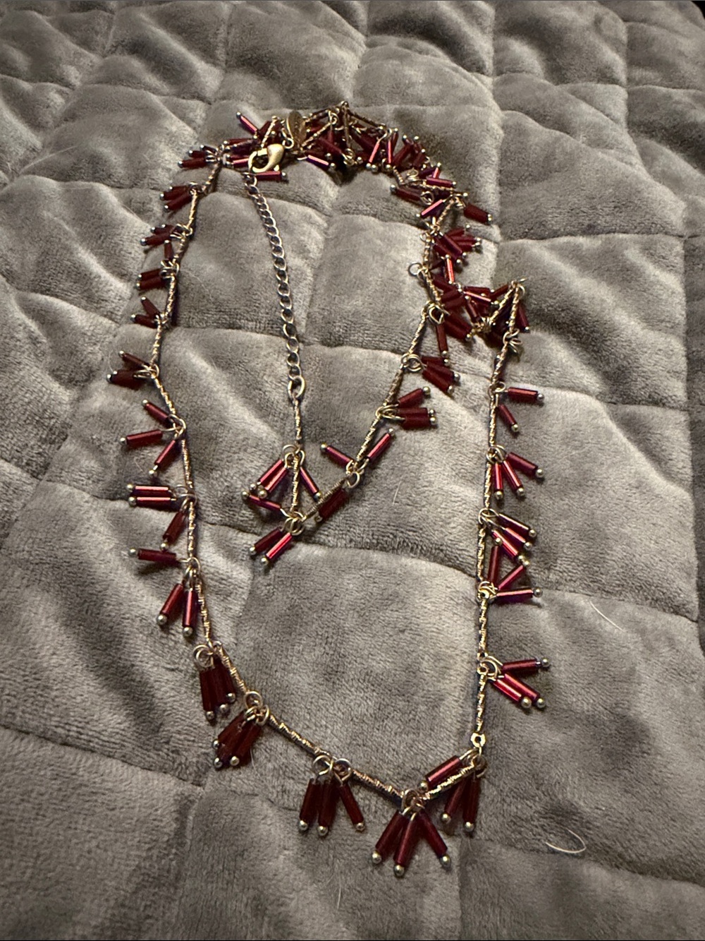 Chico's Gold-Tone Necklace with Burgundy Bead Fringe